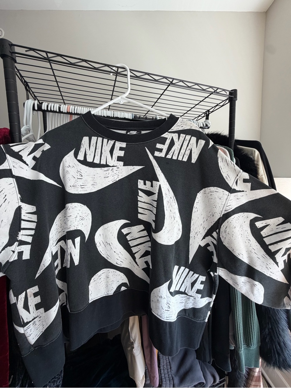 Plus Sized Nike Black Crop Sweatshirt with White Allover Logo Print